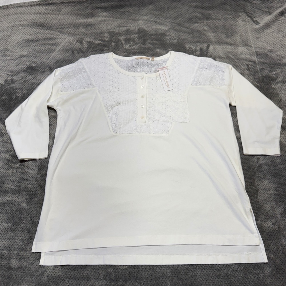 Soft Surroundings Ellie Tunic White Eyelet Cotton Henley Top Large L 2FH67 NEW